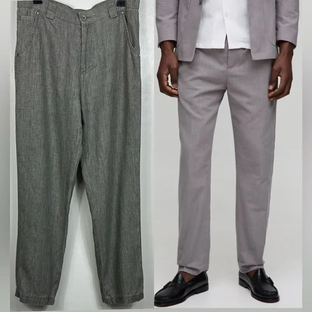 Carven Gris Gray Linen Straight Leg Classic Trousers Pants Size 32
